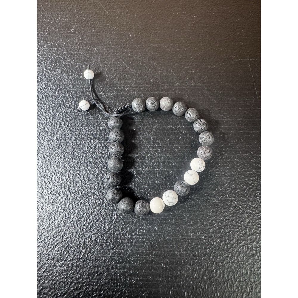 White Marble Black Lave Stone Bead Adjustable Bracelet